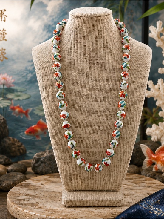 Jewelry - Hand-Painted Fantail Goldfish Ceramic Bead Necklace in White, Red & Green
